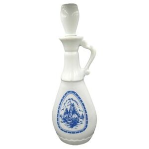 VTG White Milk Glass Decanter Bottle Delft Blue Jim Beam Whiskey Ships Windmill